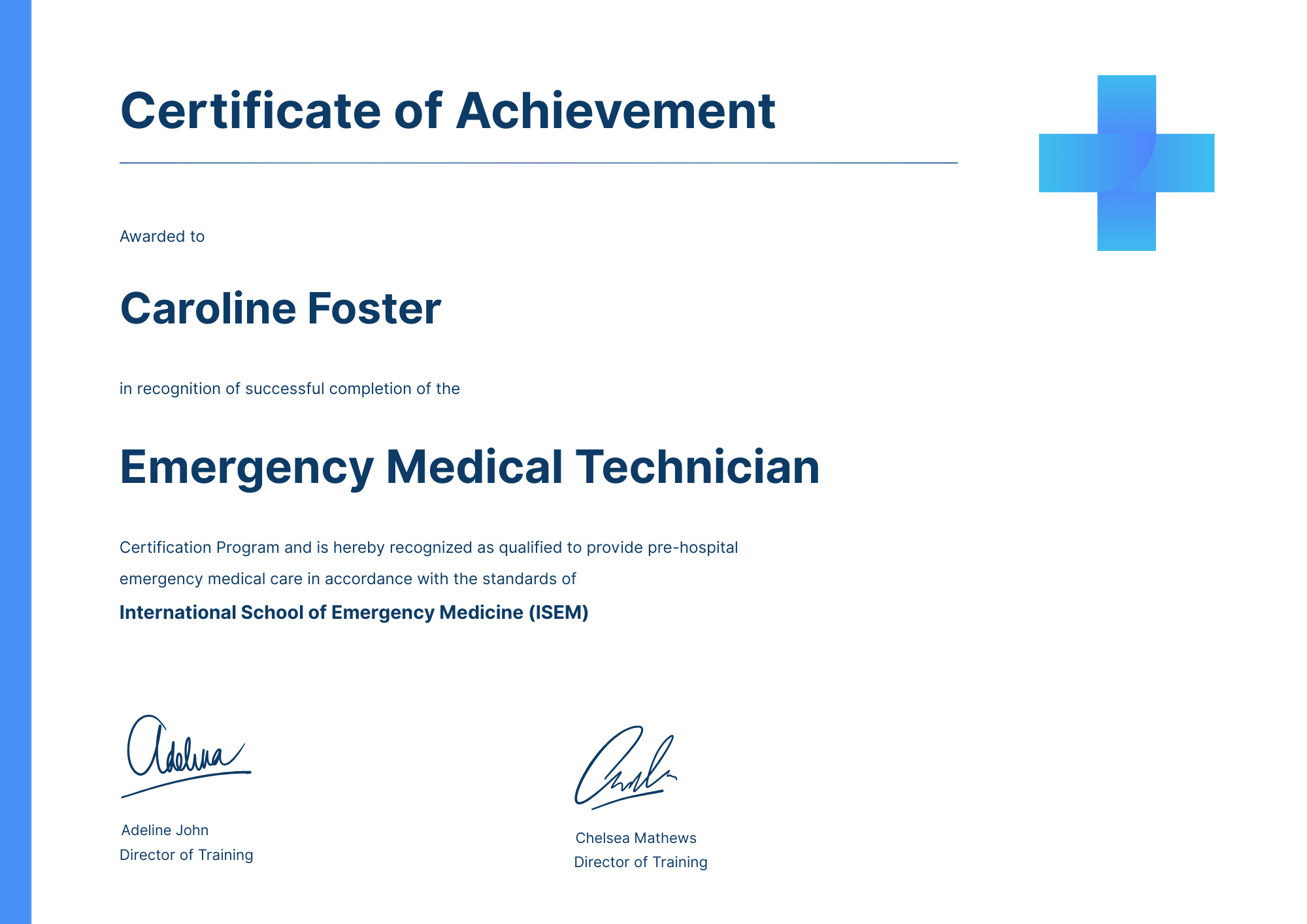 Professional EMT Certificate Template with Blue Accent Design